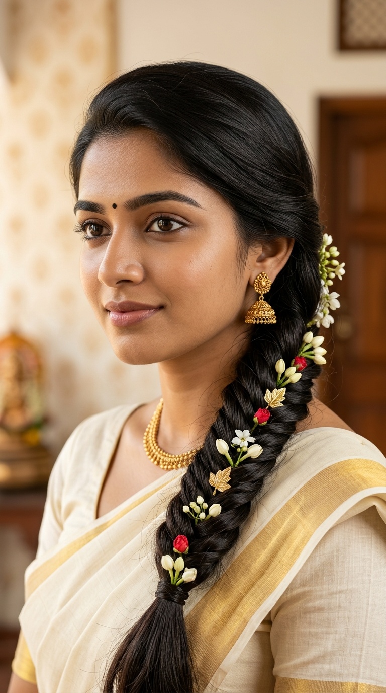 Side Fishtail Braid with Floral Accents