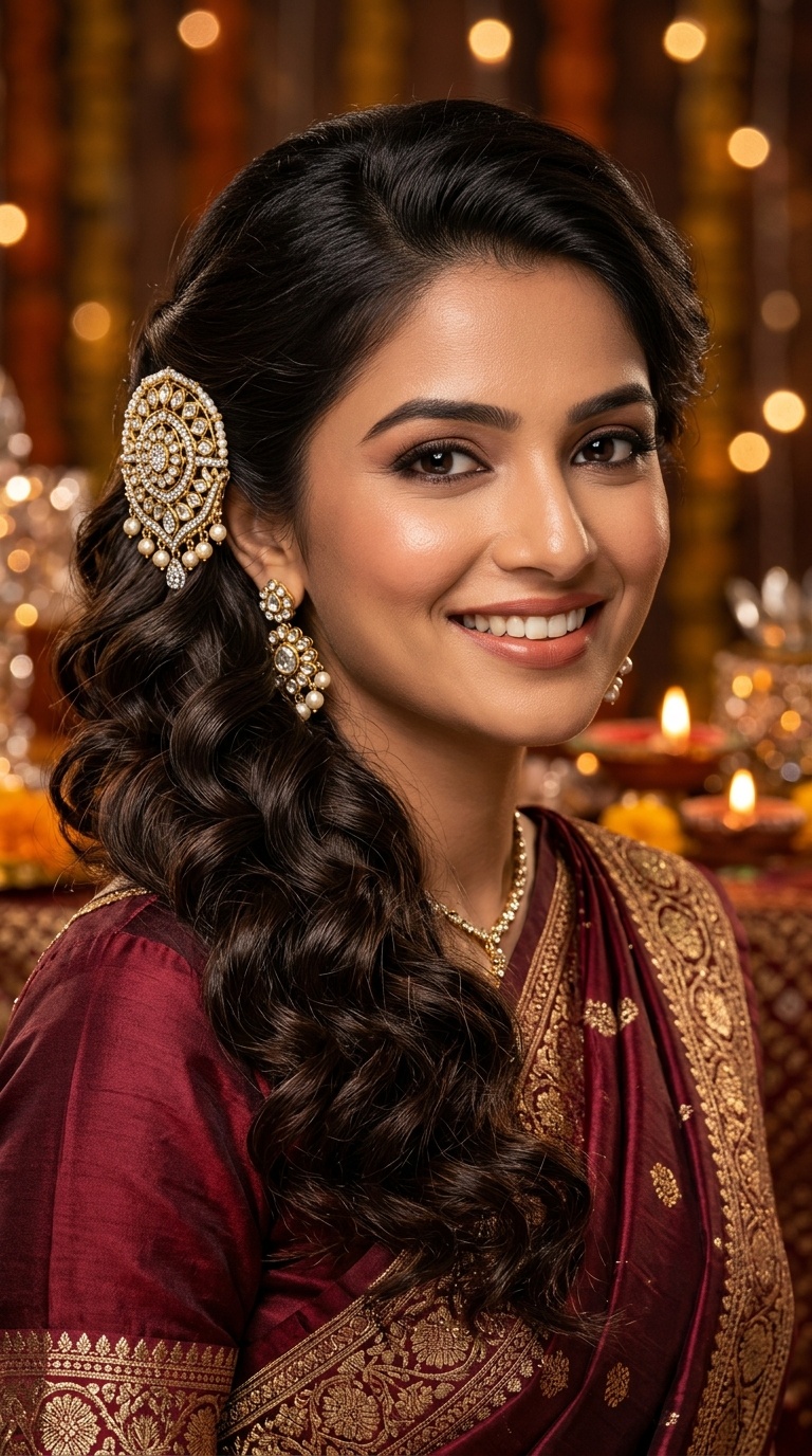 Side-Pinned Curls with a Statement Brooch