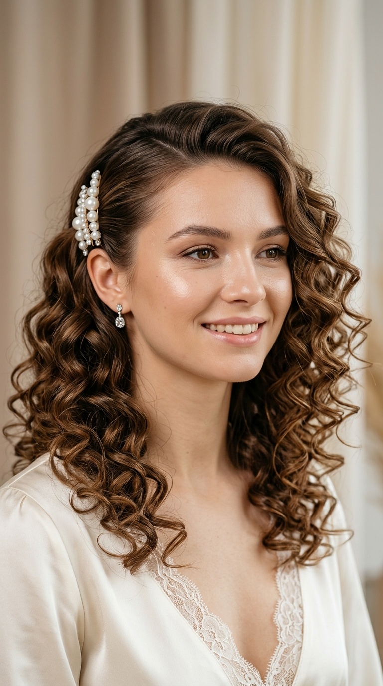 Side-Pinned Curls with Pearl Clips