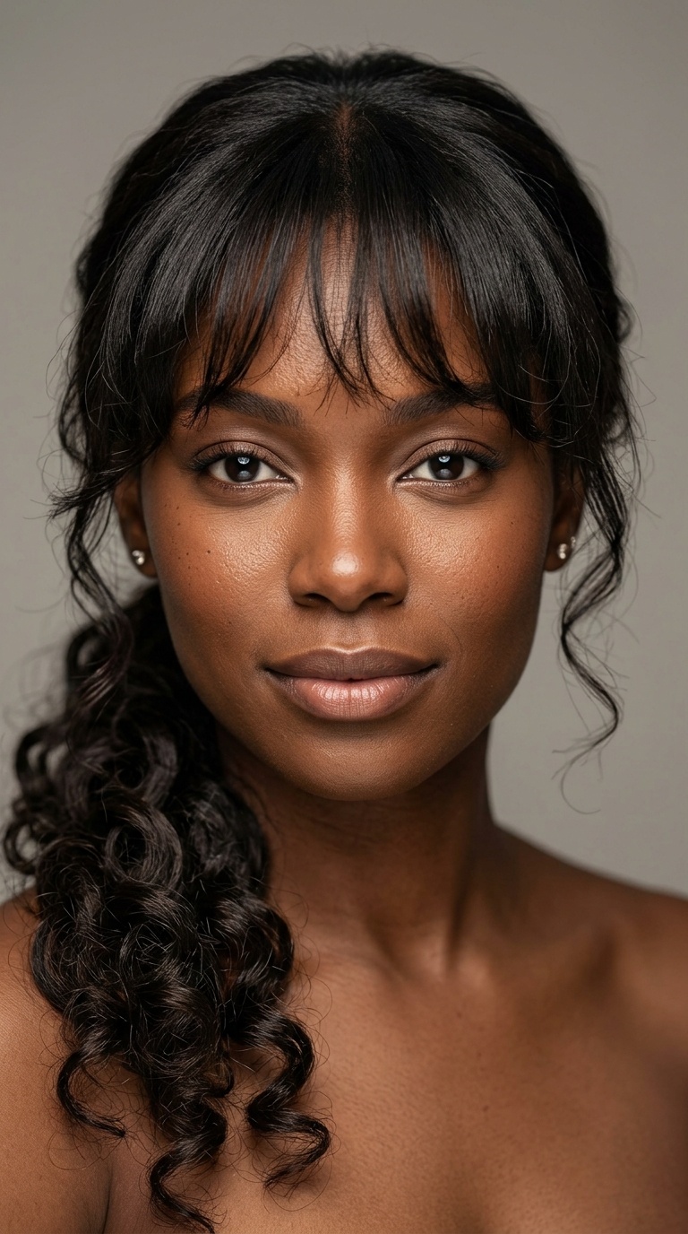 Side Ponytail with Romantic Curls and Wispy Bangs