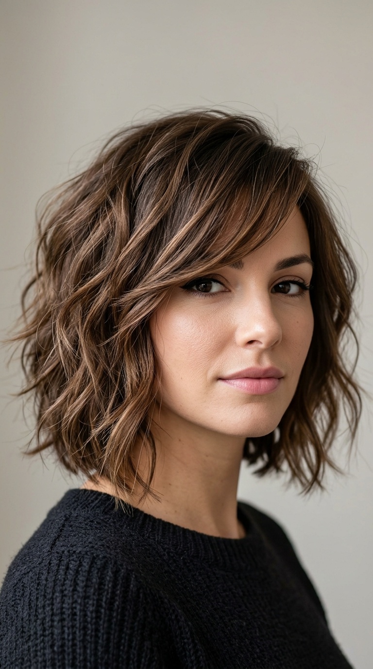 Side-Swept Bangs and Choppy Lob Waves