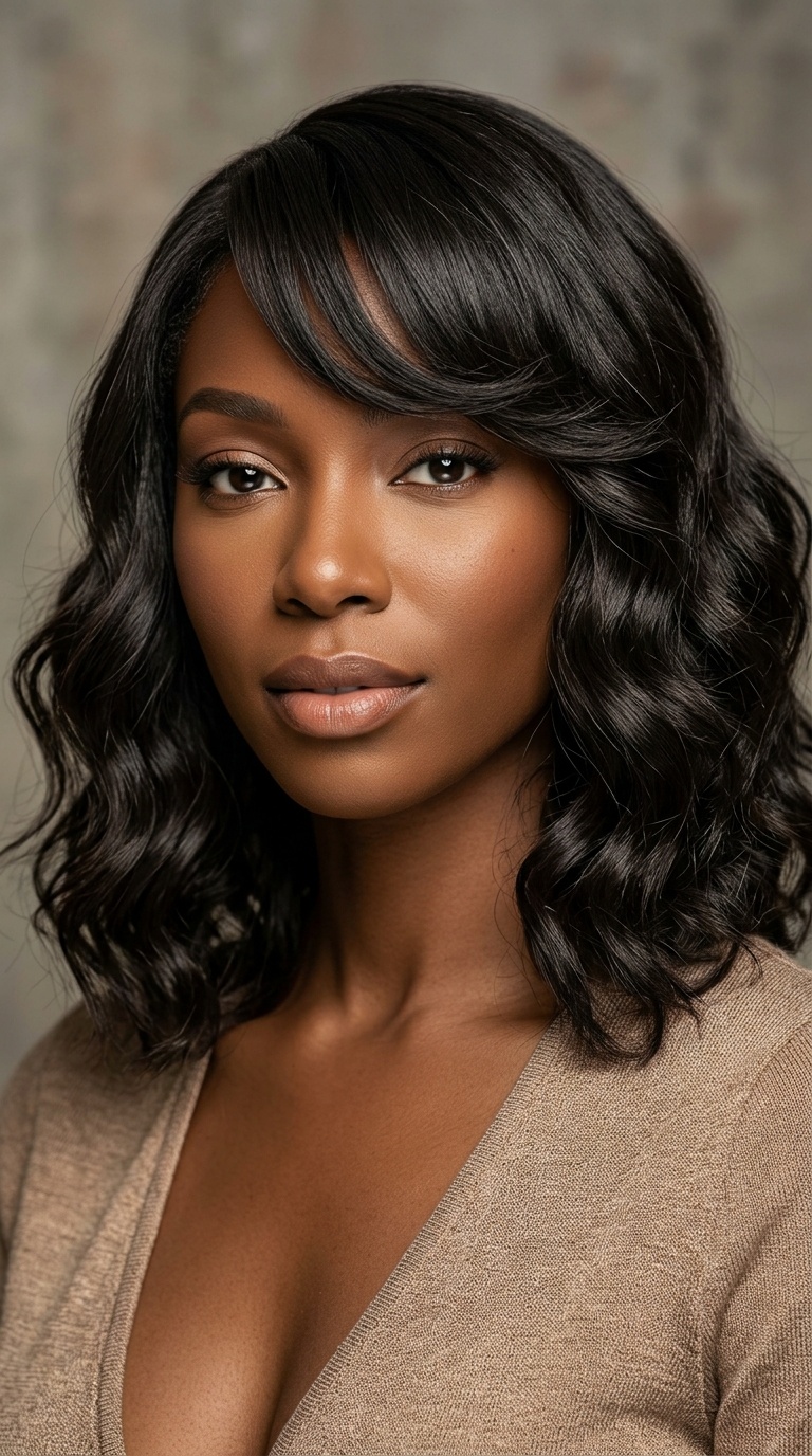 Side Swept Bangs with Wavy Bob