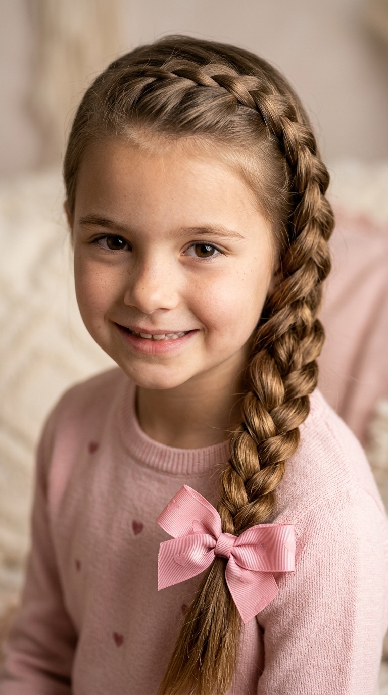 Side-Swept Braid with Pink Bow