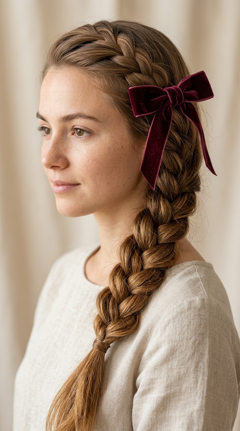 Side-Swept Braid with Velvet Bow