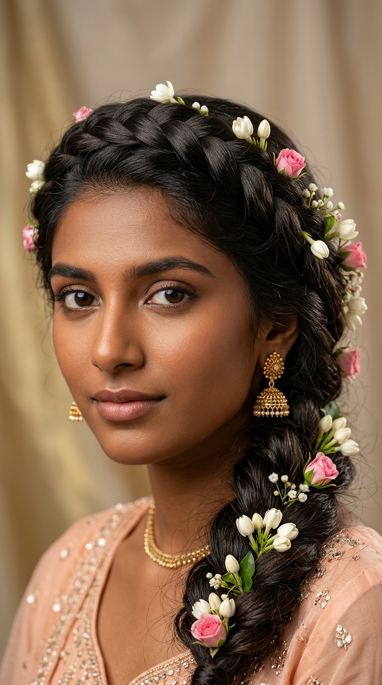 Side-Swept Braided Crown with Fresh Flowers