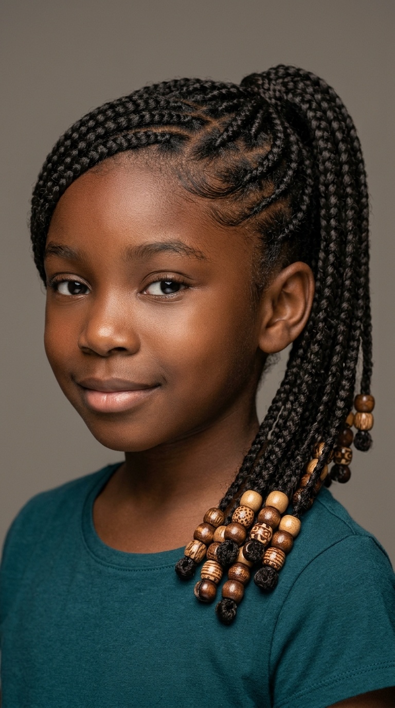 Side-Swept Braided Ponytail with Wooden Beads