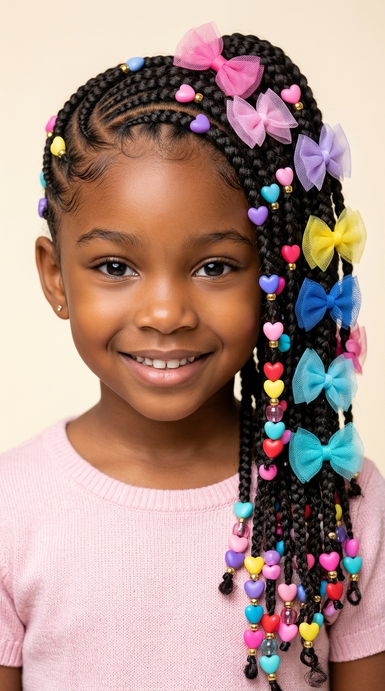 Side-Swept Braids with Heart-Shaped Beads and Tulle Bows