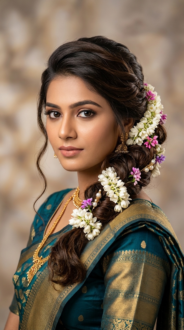 Side-Swept Bun with Cascading Flowers