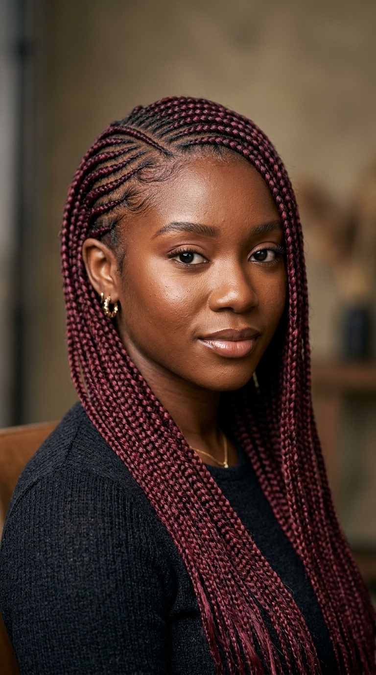 Side-Swept Burgundy Cornrows