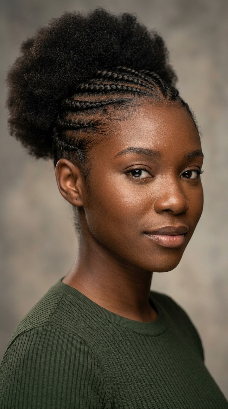 Side-Swept Cornrows with Afro Puff