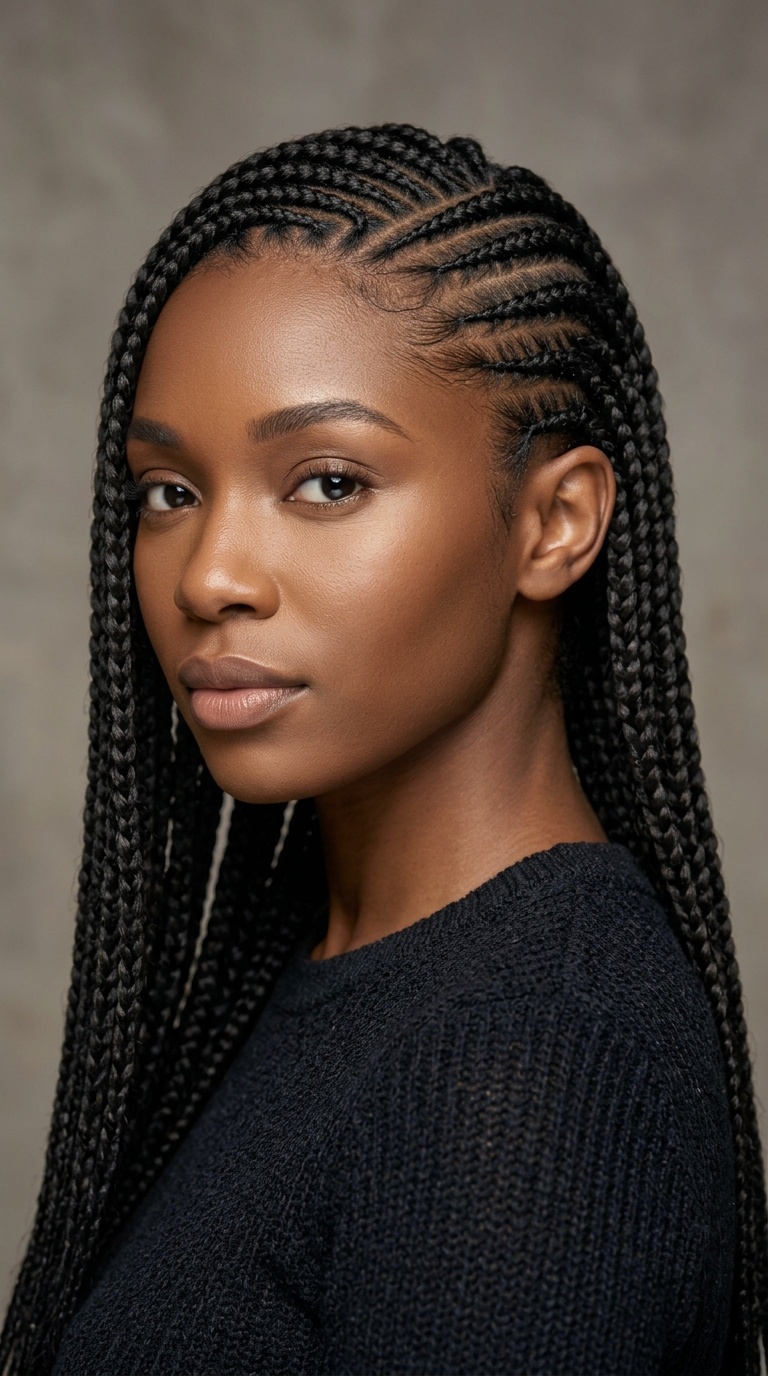 Side-Swept Cornrows with Long Extensions