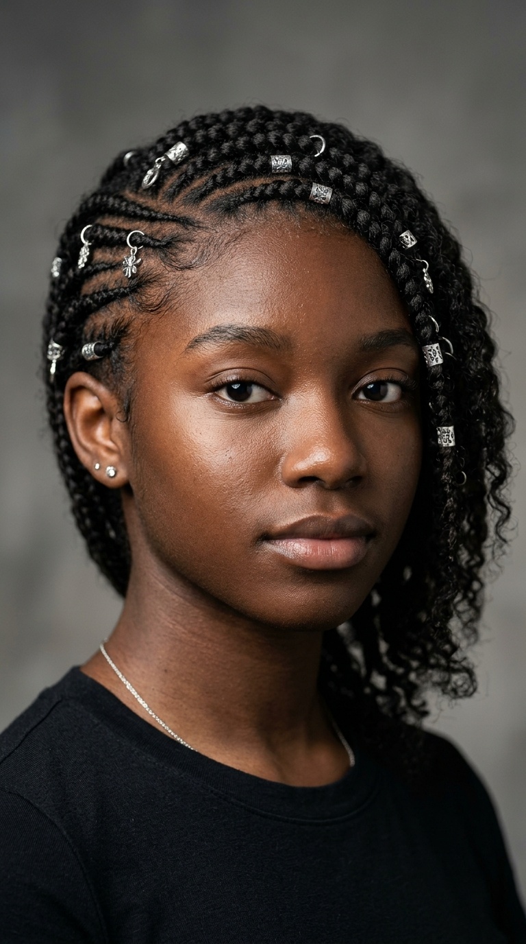 Side-Swept Cornrows with Silver Charms