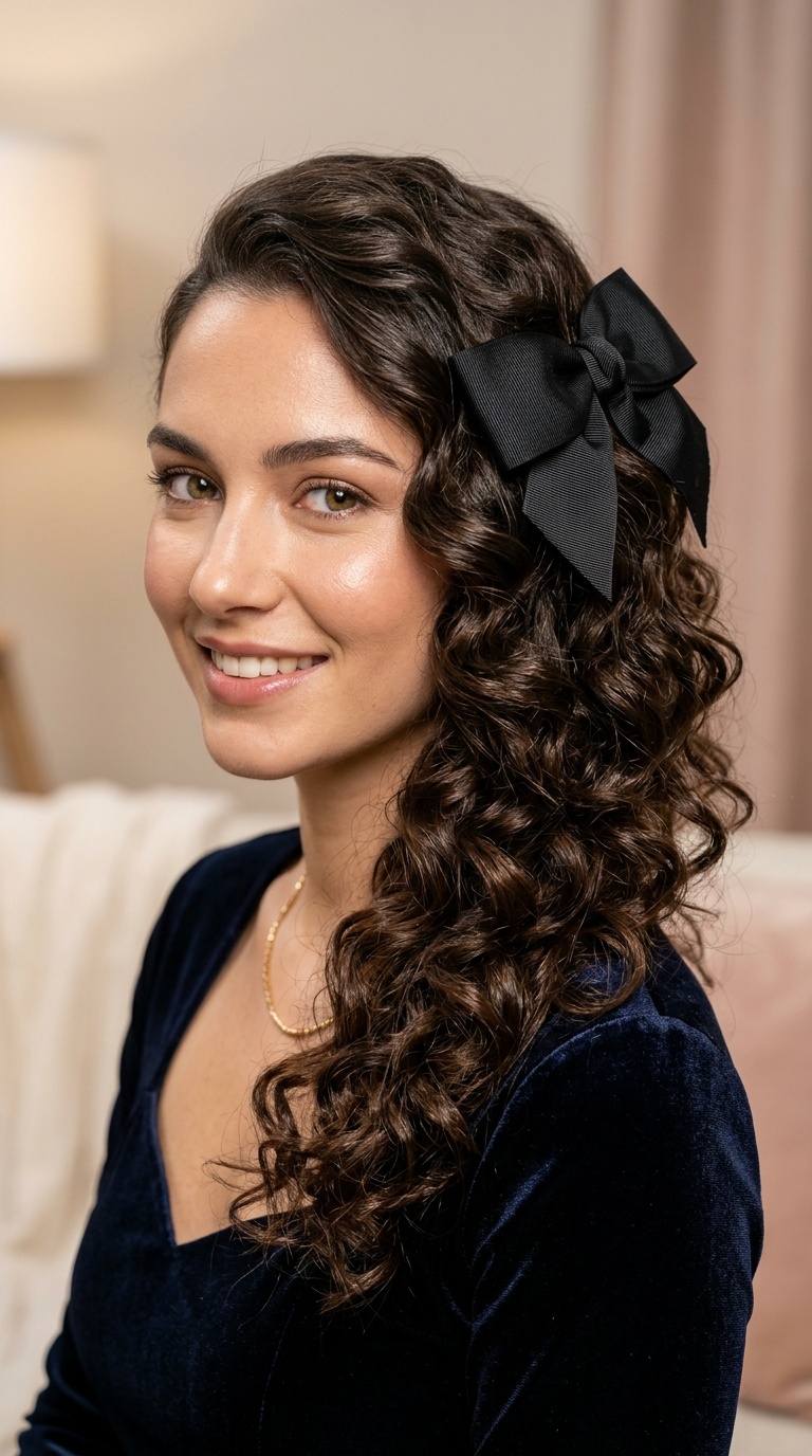 Side-Swept Curls with a Statement Bow