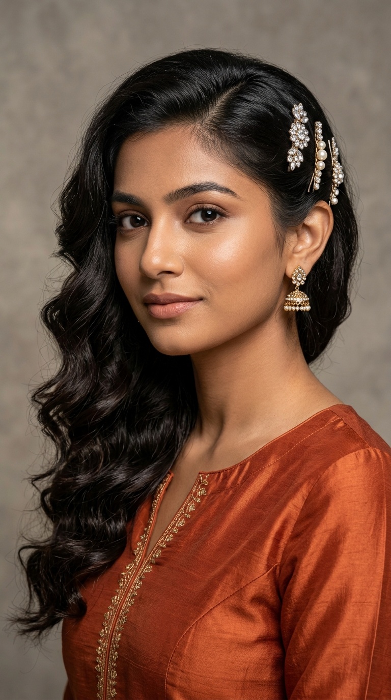Side-Swept Curls with Embellished Pins