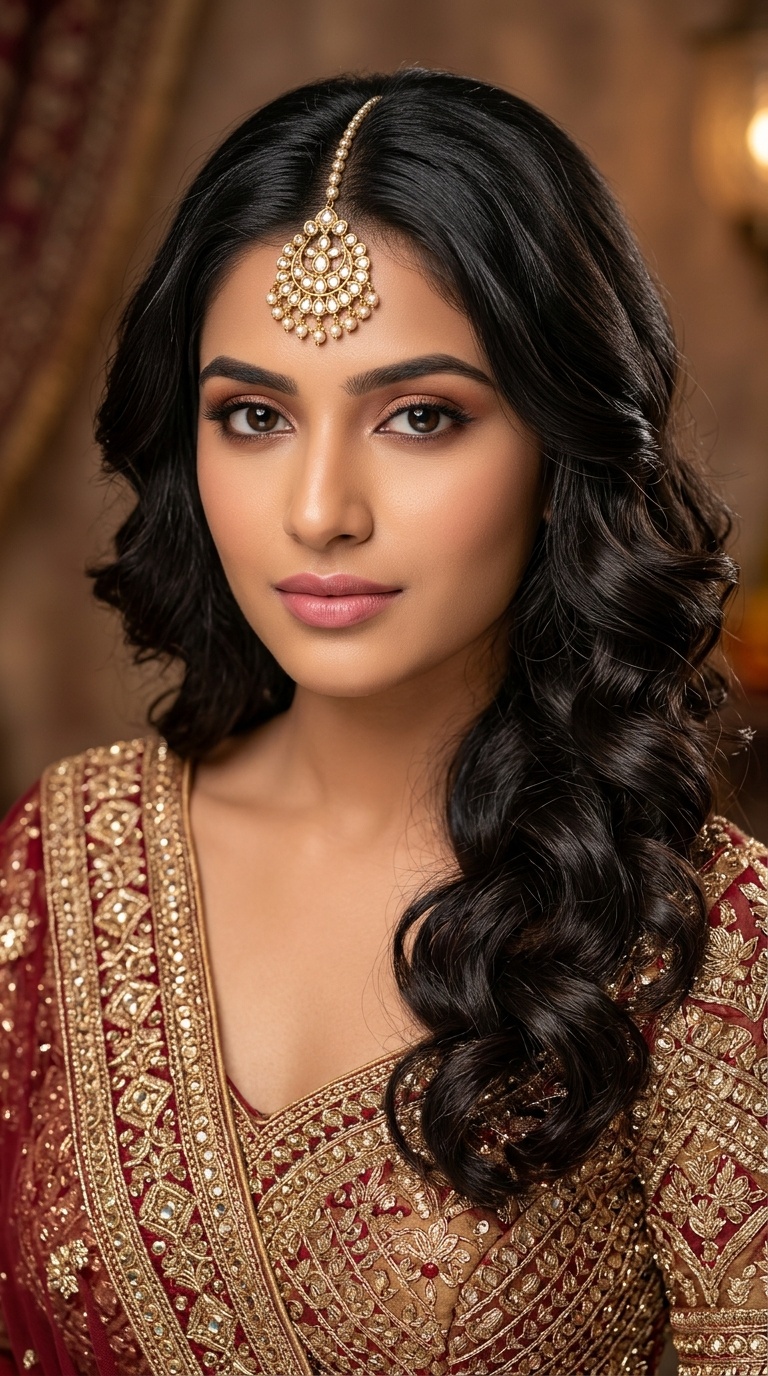 Side-Swept Curls with Maang Tikka