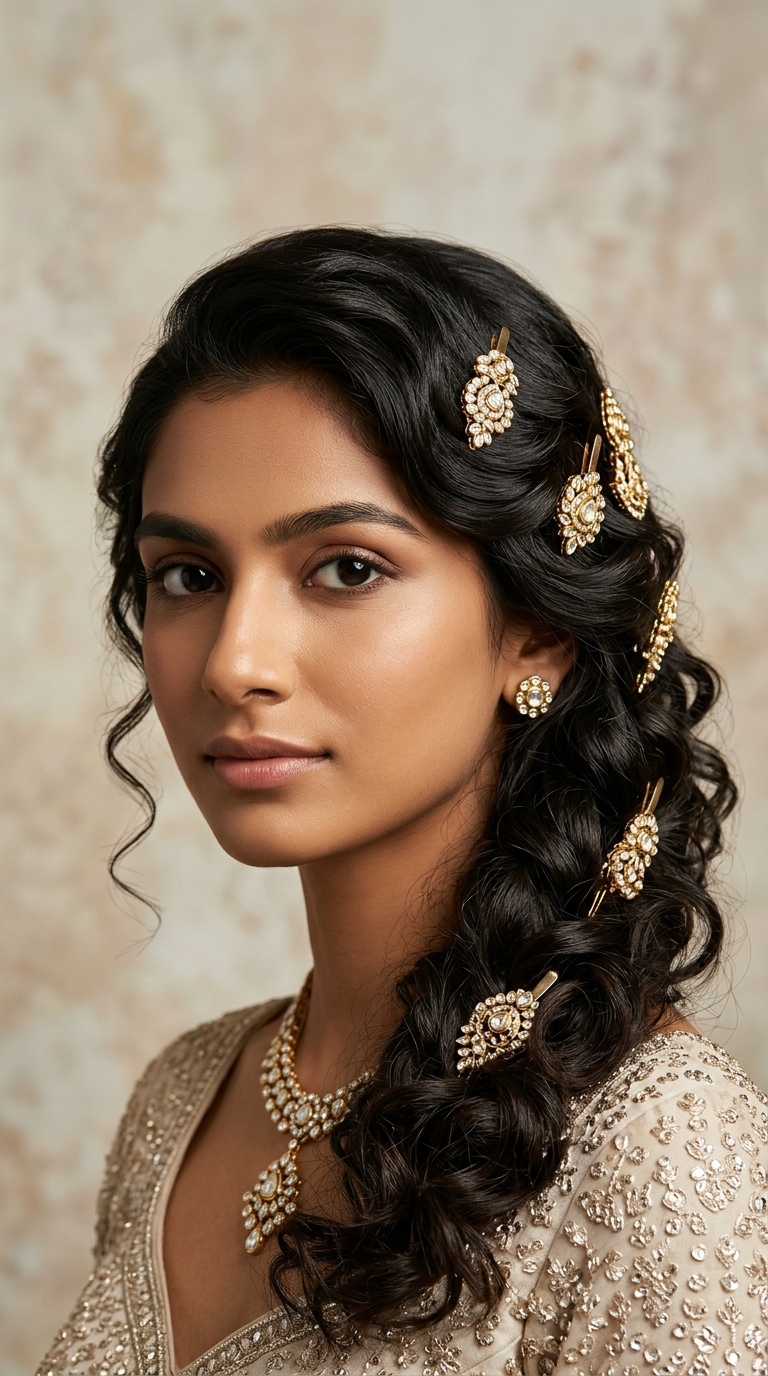 Side-Swept Curls with Polki Pins