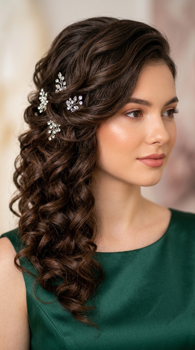 Side-Swept Curls with Sparkly Pins