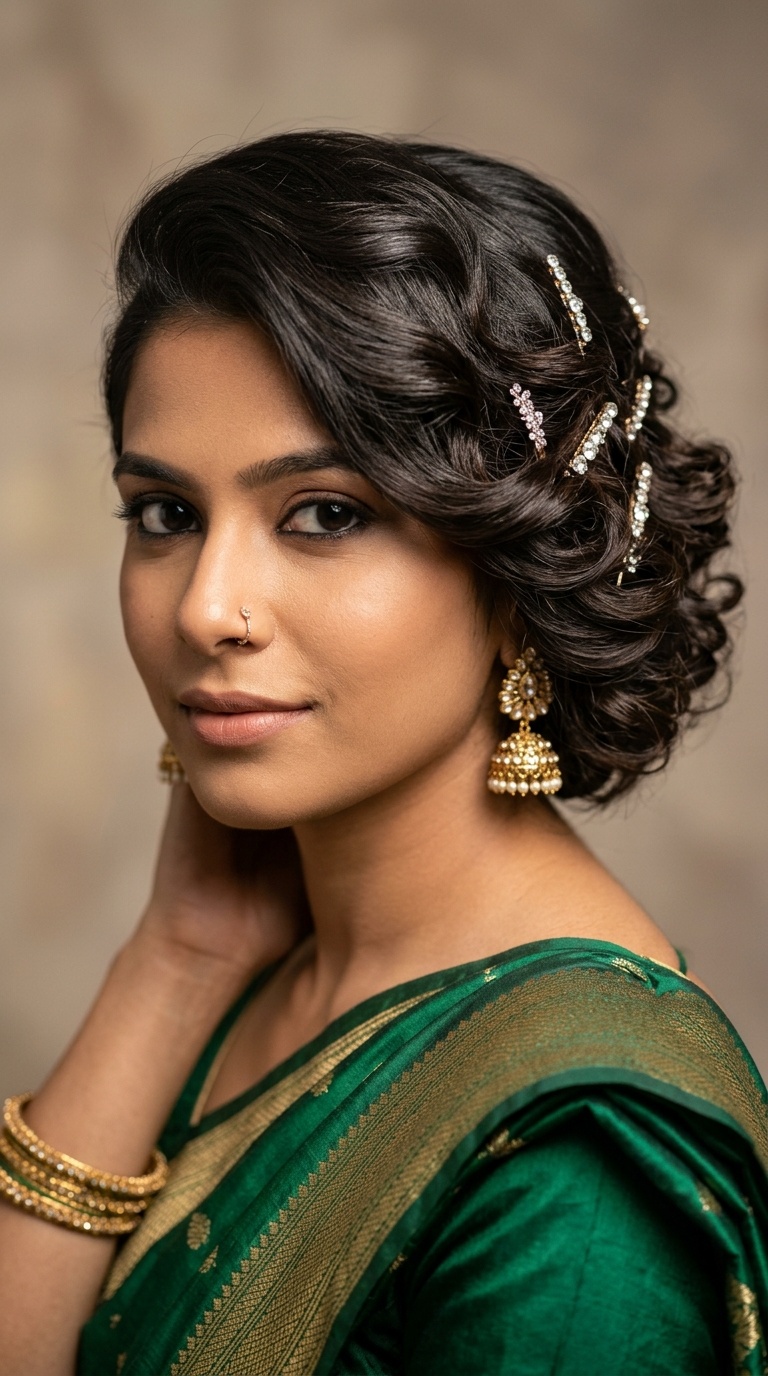 Side-Swept Curls with Stone Studded Pins