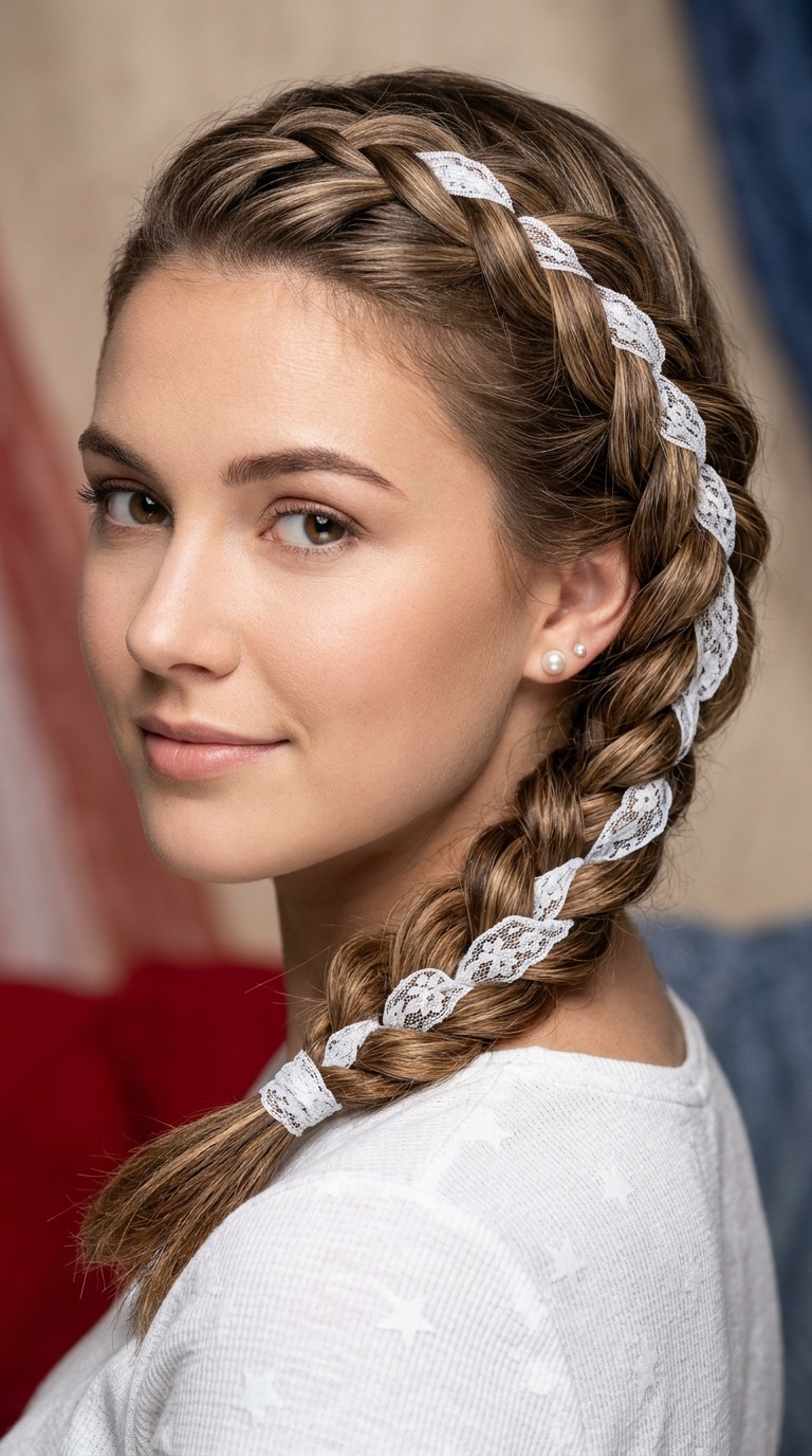 Side-Swept Dutch Braid with White Lace Ribbon
