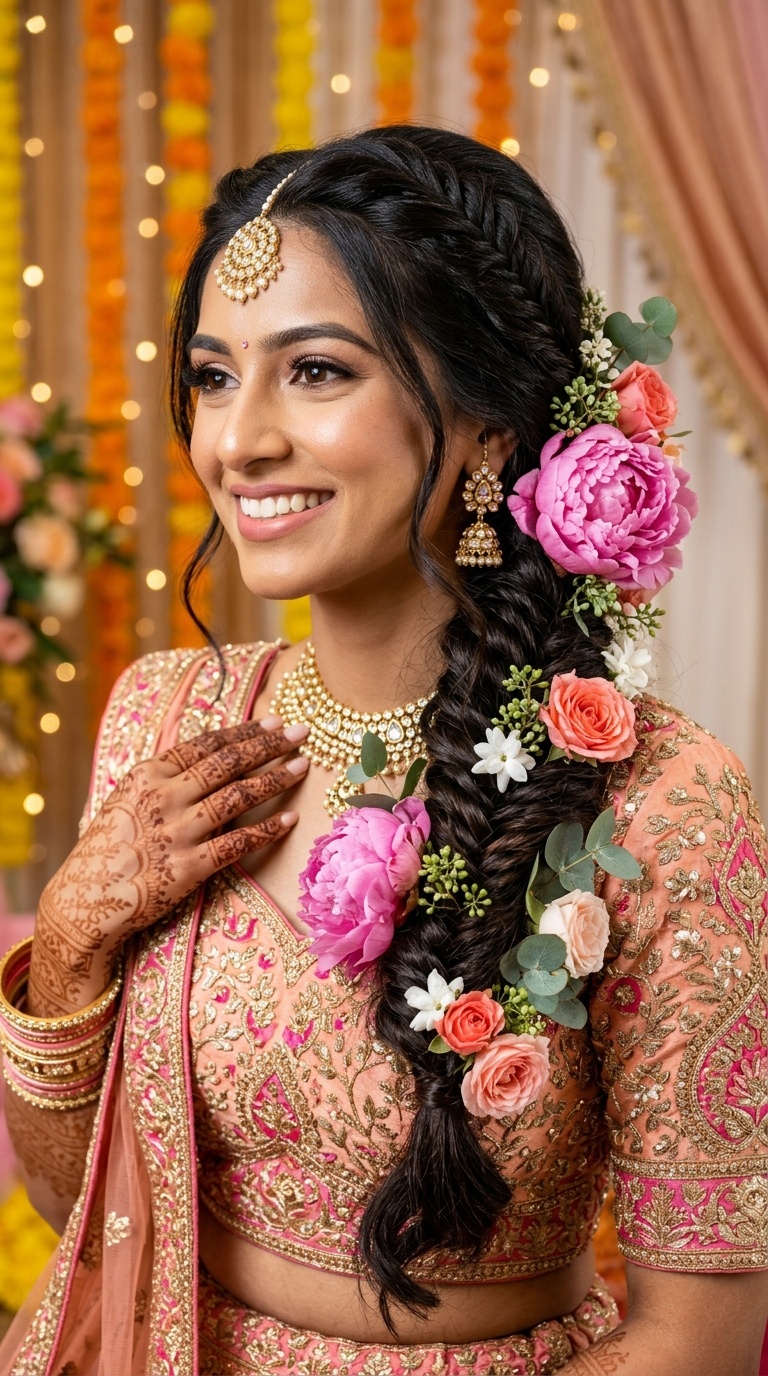 Side-Swept Fishtail with Bold Peonies
