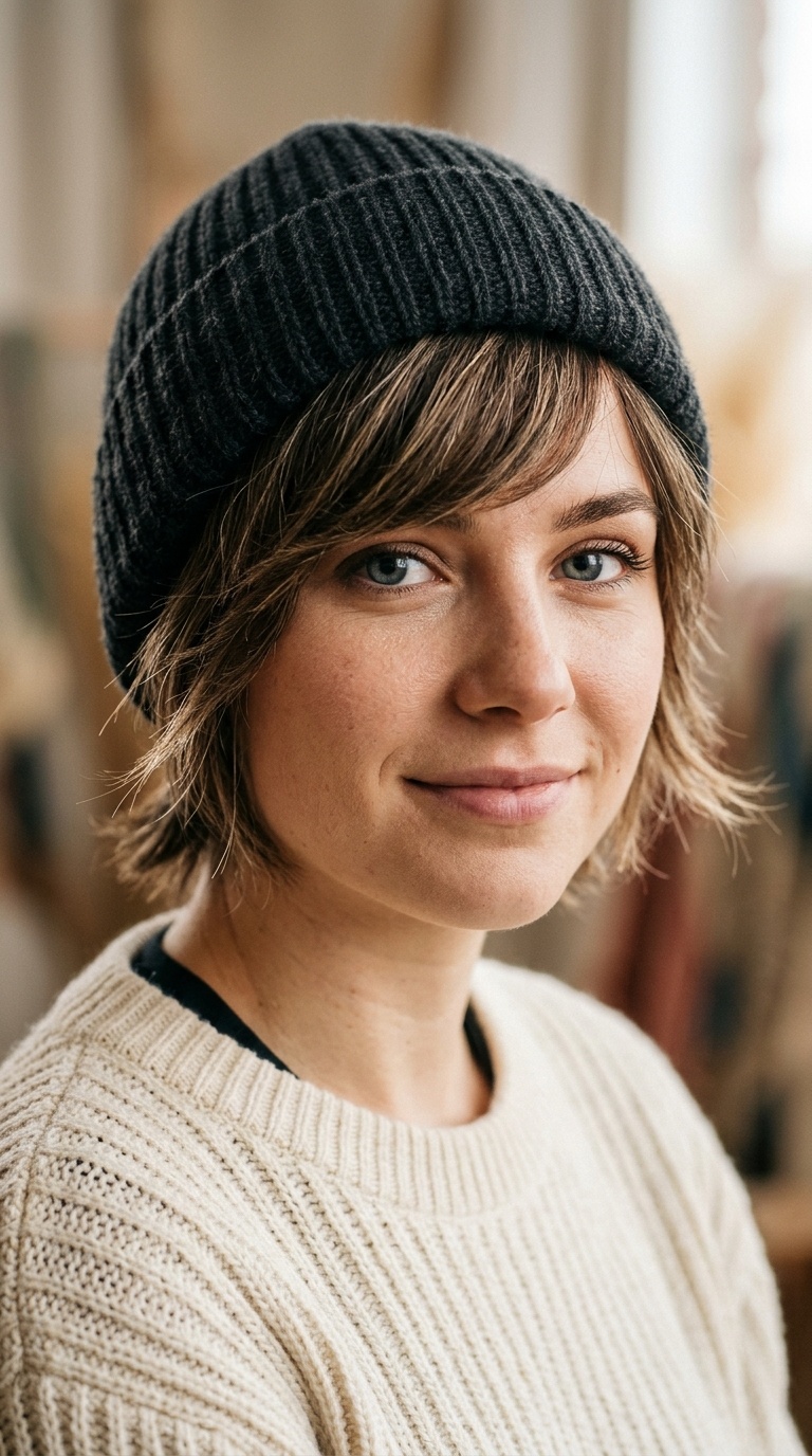 Side-Swept Fringe with Fisherman Beanie