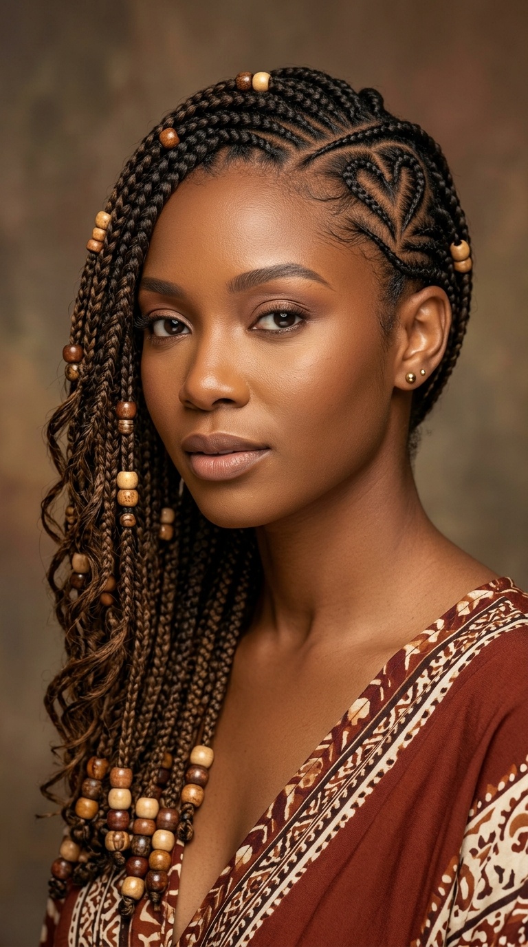 Side-Swept Fulani Braids with Wooden Beads