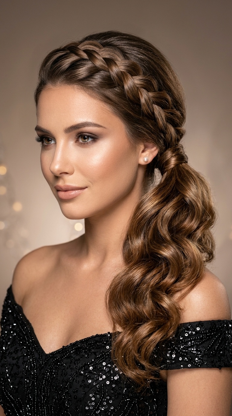 Side-Swept Hollywood Ponytail with French Braid