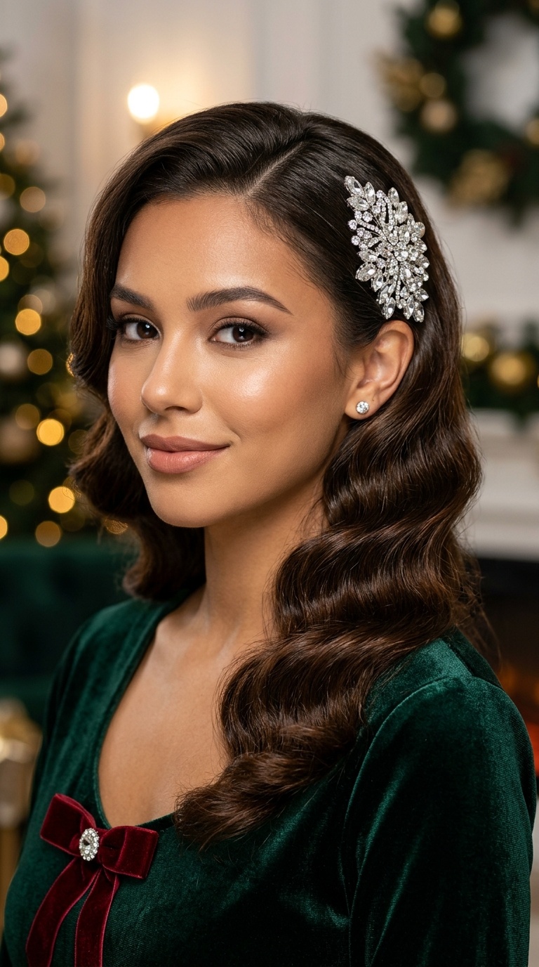 Side-Swept Hollywood Waves with Jeweled Clip