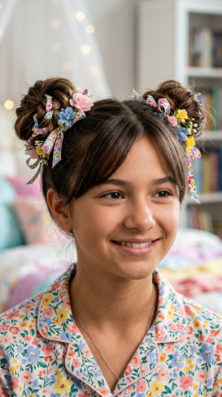 Side-Swept Space Buns with Floral Ribbons