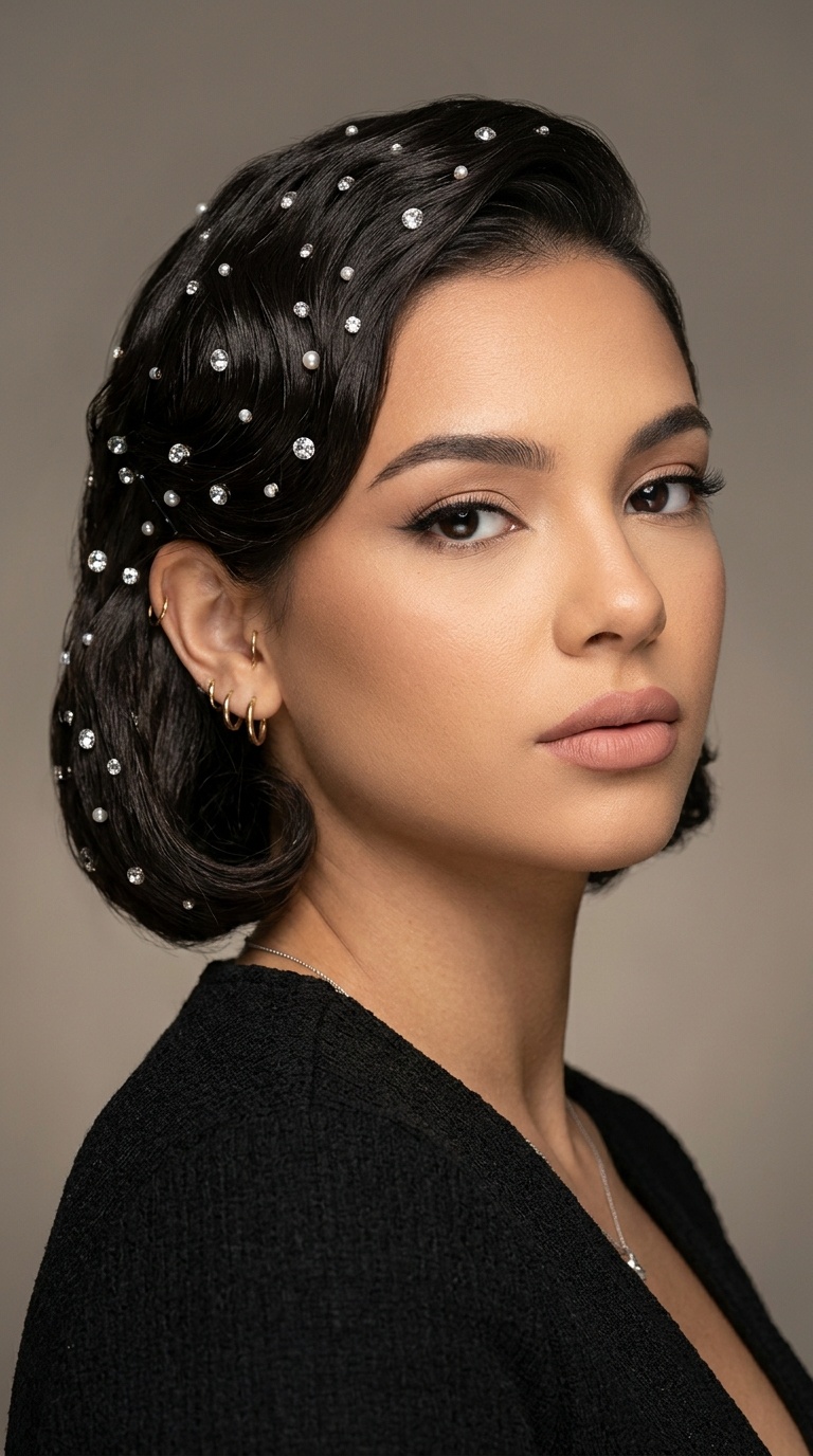 Side-Swept Waves with Hair Gems