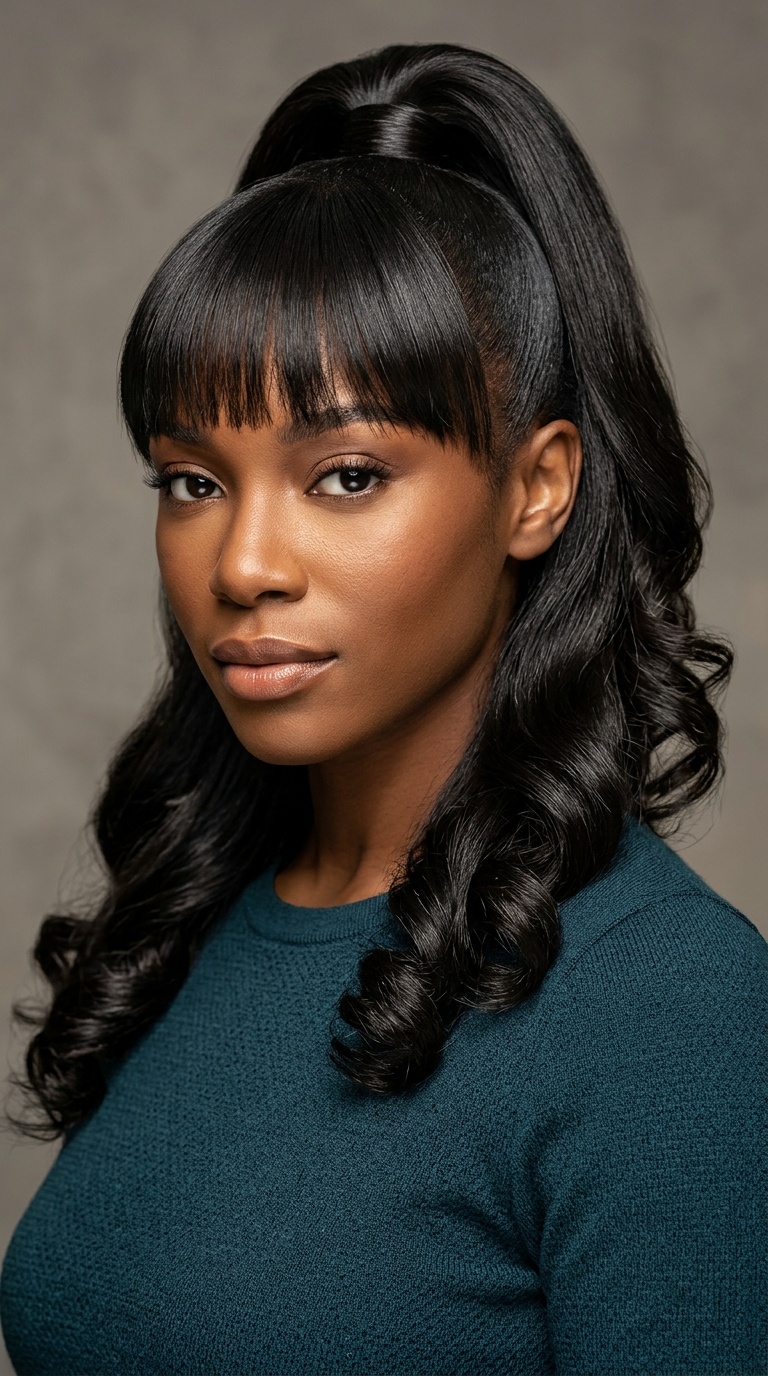 Silk Press Ponytail with C-Curls and Chinese Bangs