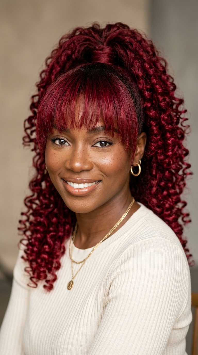 Sky-High Pony with Crimson Curls and Matching Bangs