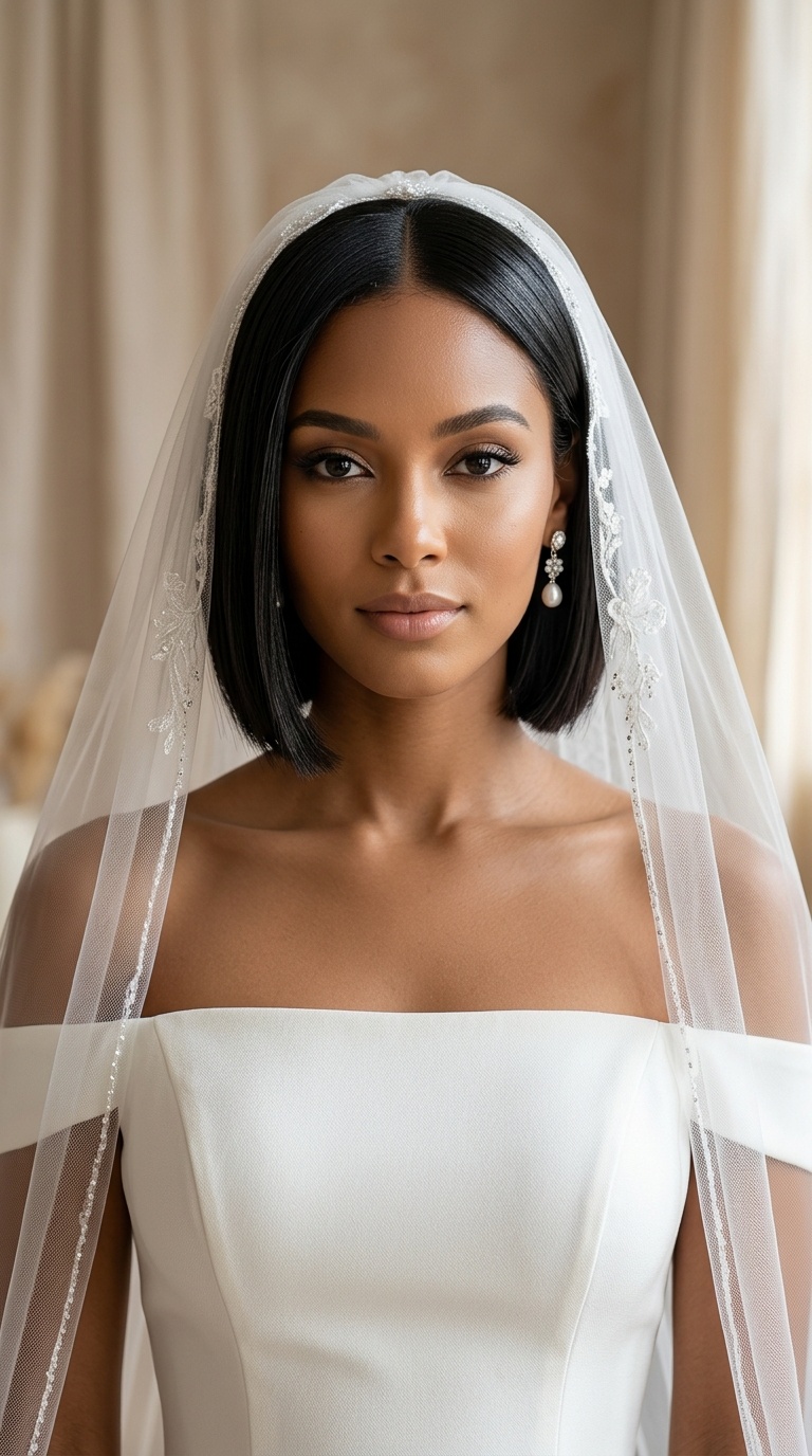 Sleek Bob with a Floor-Length Cathedral Veil
