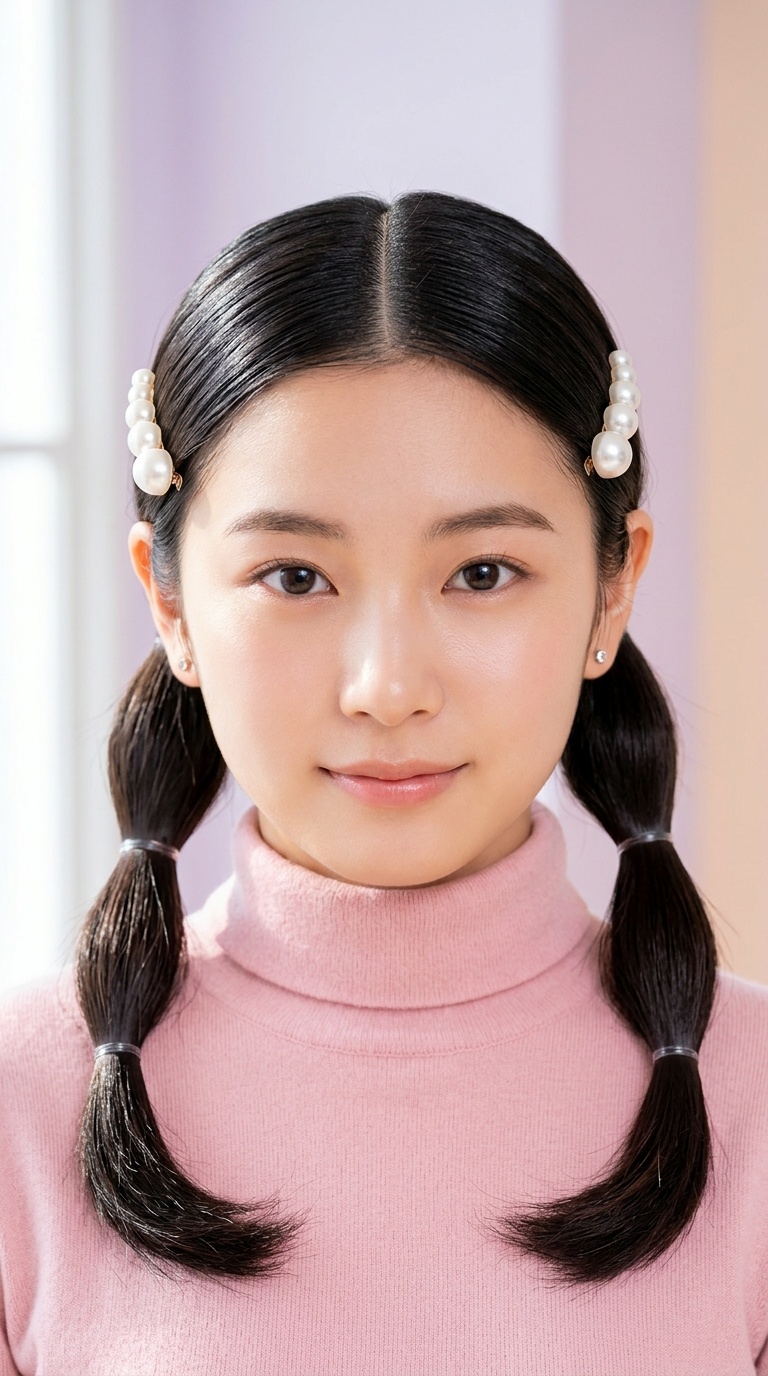 Sleek Center-Part Pigtails with Pearl Pins