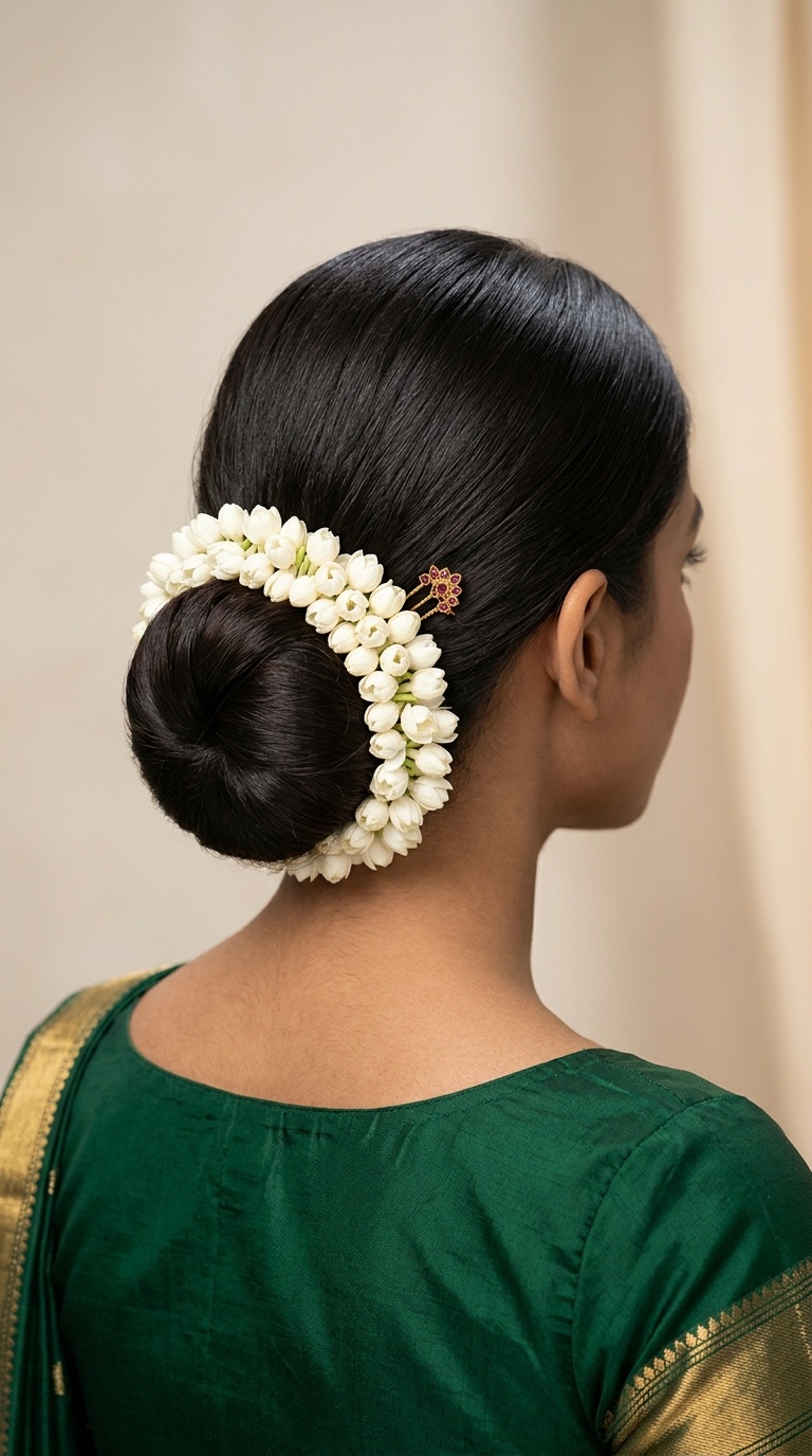 Sleek Chignon with Fresh Gajra