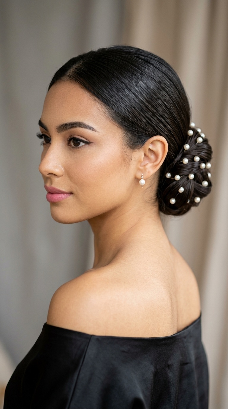 Sleek Chignon with Pearl Accents