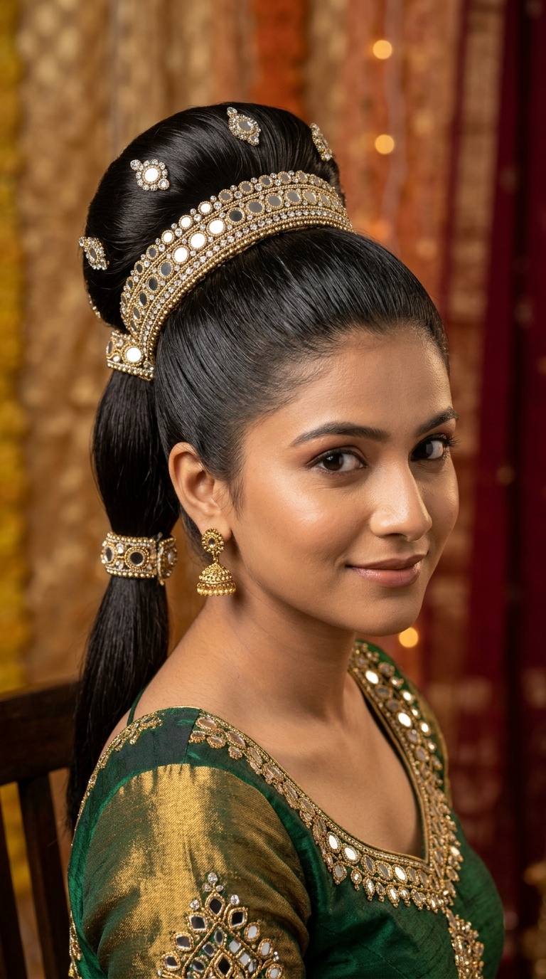 Sleek High Bun with Mirror-Work Accessories