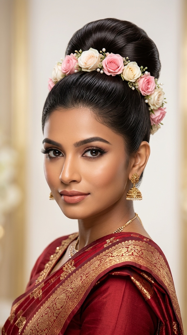 Sleek High Bun with Rose Halo