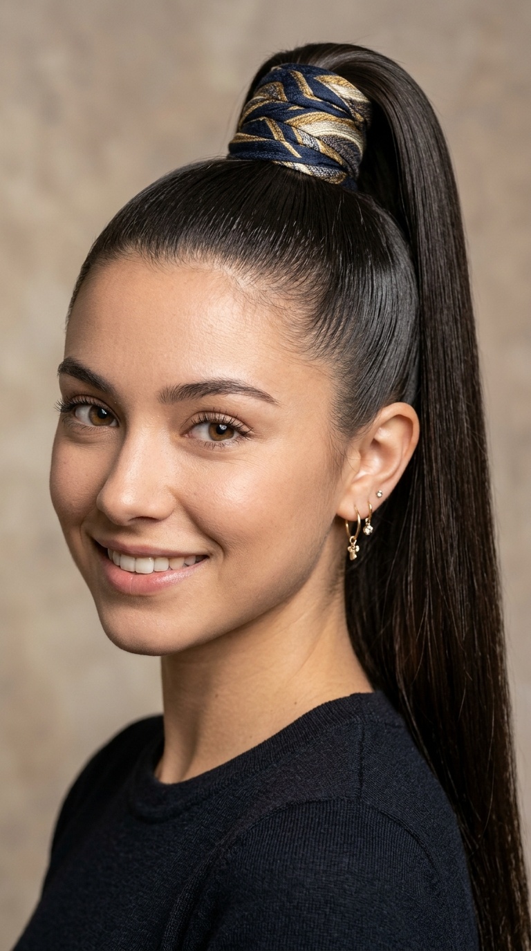 Sleek High Pony with Hair Wrap