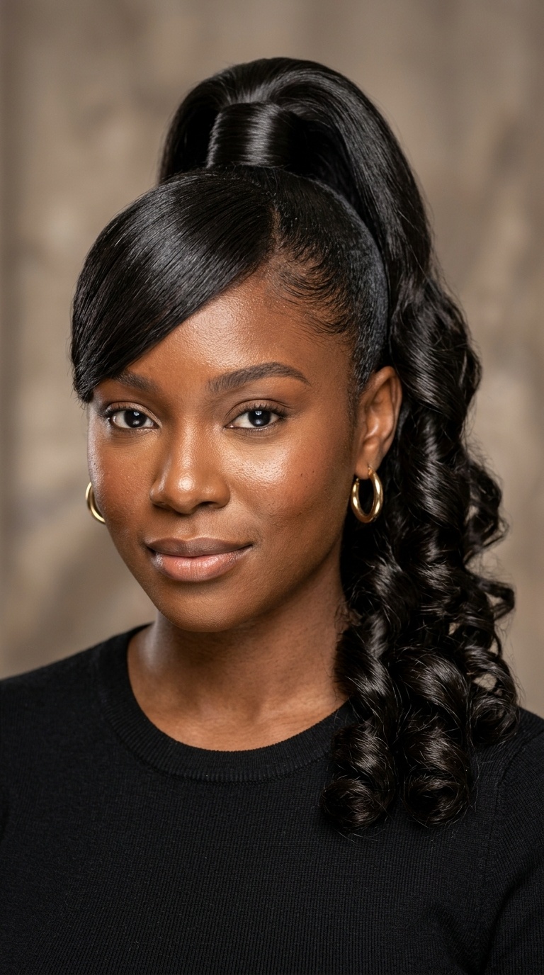 Sleek High Ponytail with Barrel Curls and Side Bangs