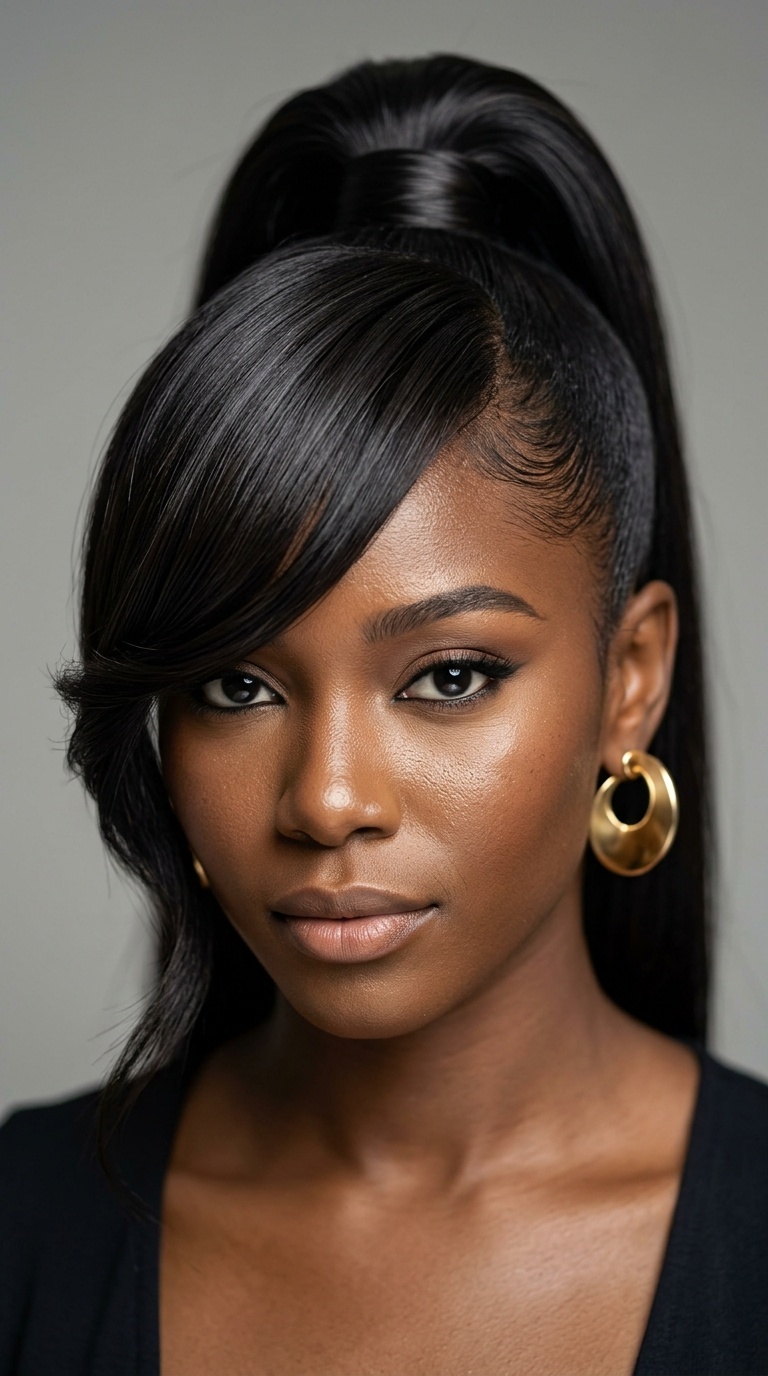 Sleek High Ponytail with Deep Side Sweep