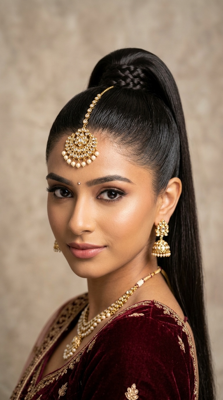 Sleek High Ponytail with Maang Tikka