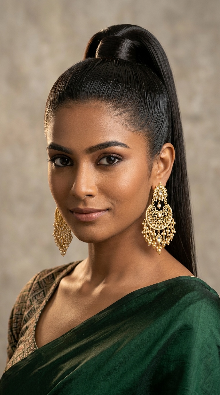 Sleek High Ponytail with Statement Jhumkas