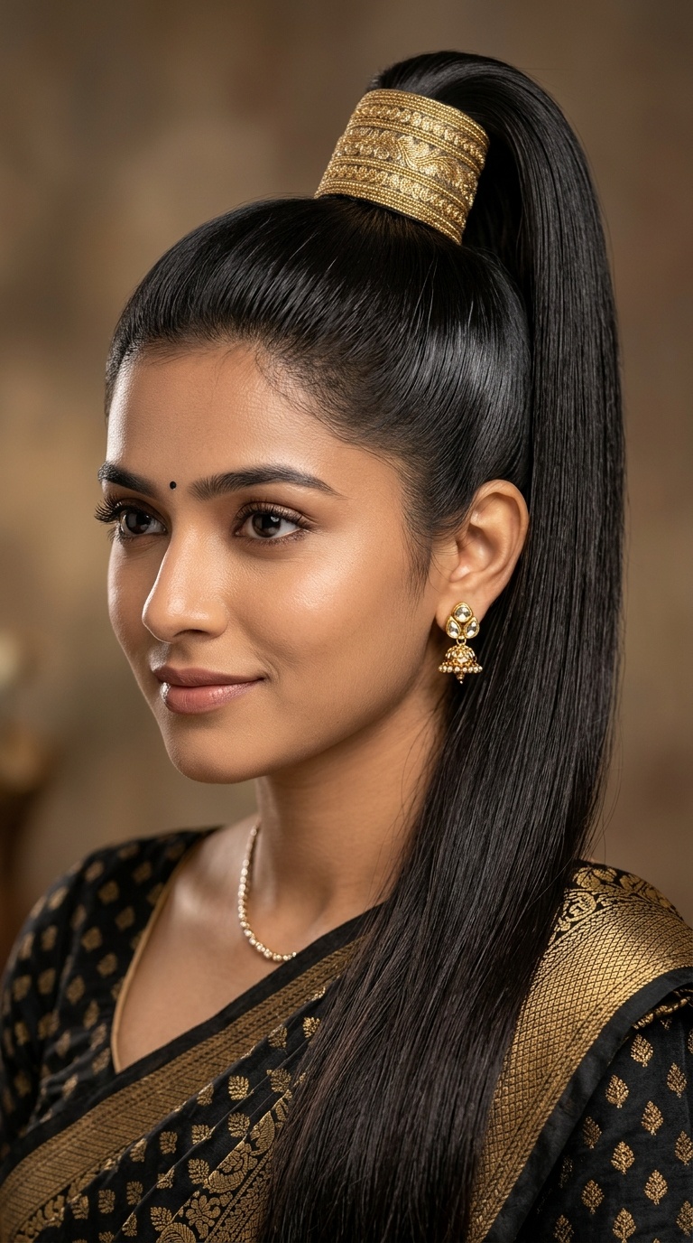Sleek High Ponytail with Zari Wrap