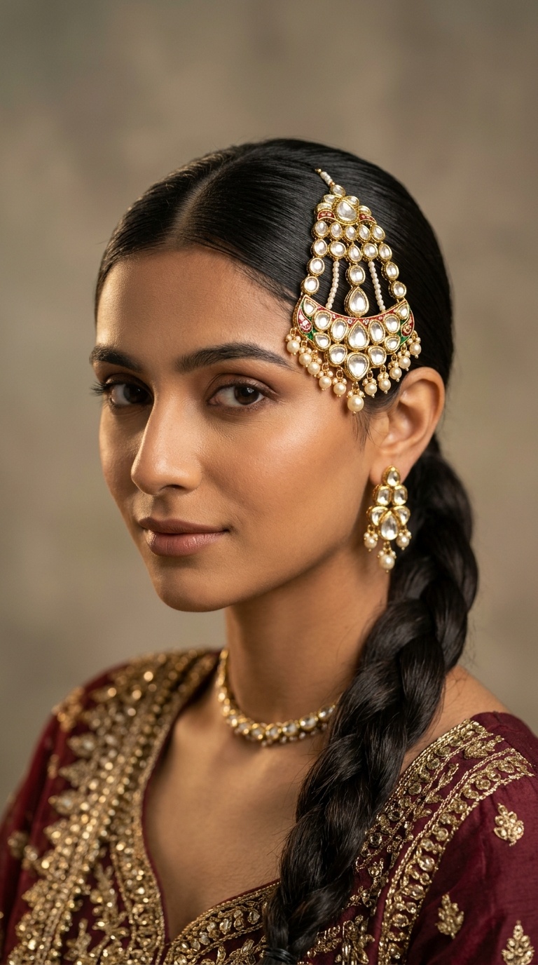 Sleek Low Braid with Oversized Kundan Passa