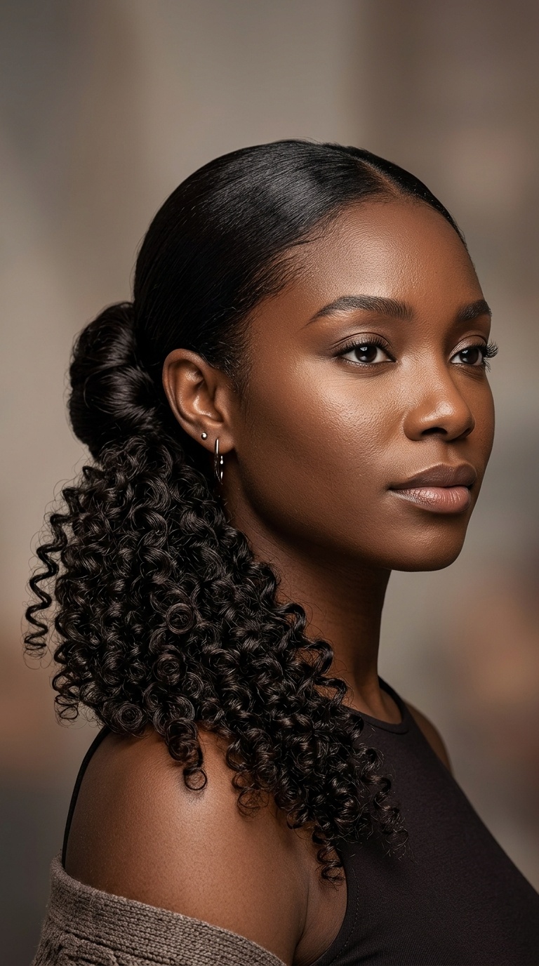 Sleek Low Bun with a Curly Tail