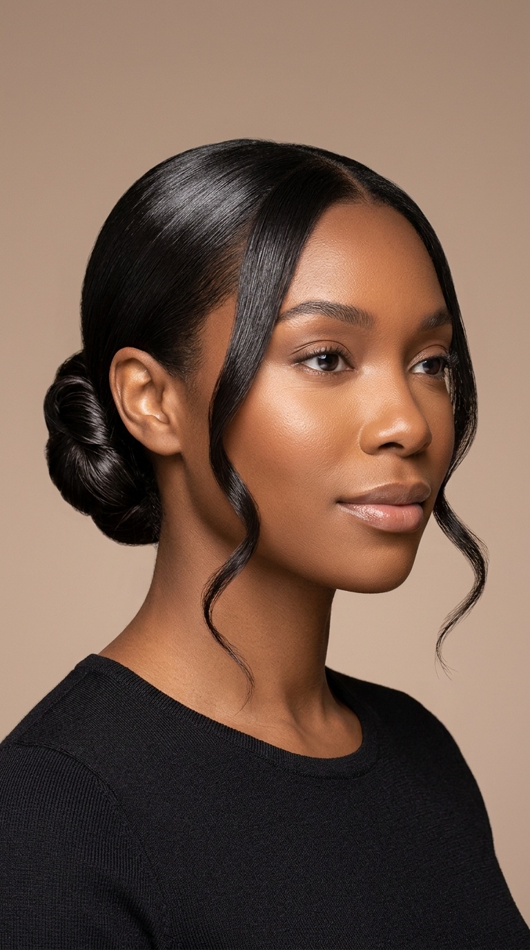 Sleek Low Bun with Face-Framing Tendrils