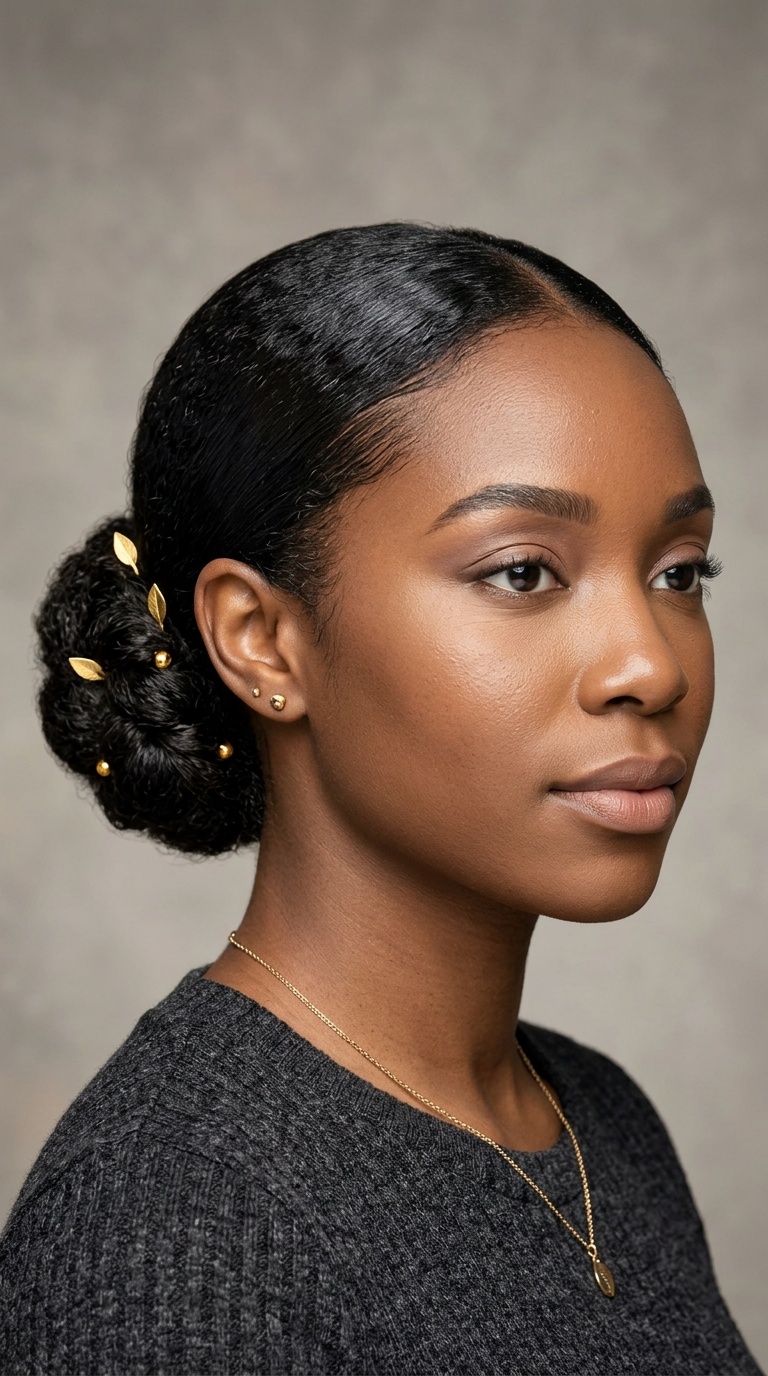 Sleek Low Bun with Gold Accents