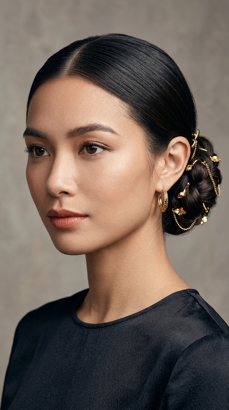 Sleek Low Bun with Gold Accessories