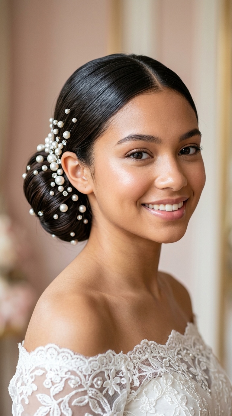 Sleek Low Bun with Pearl Accents